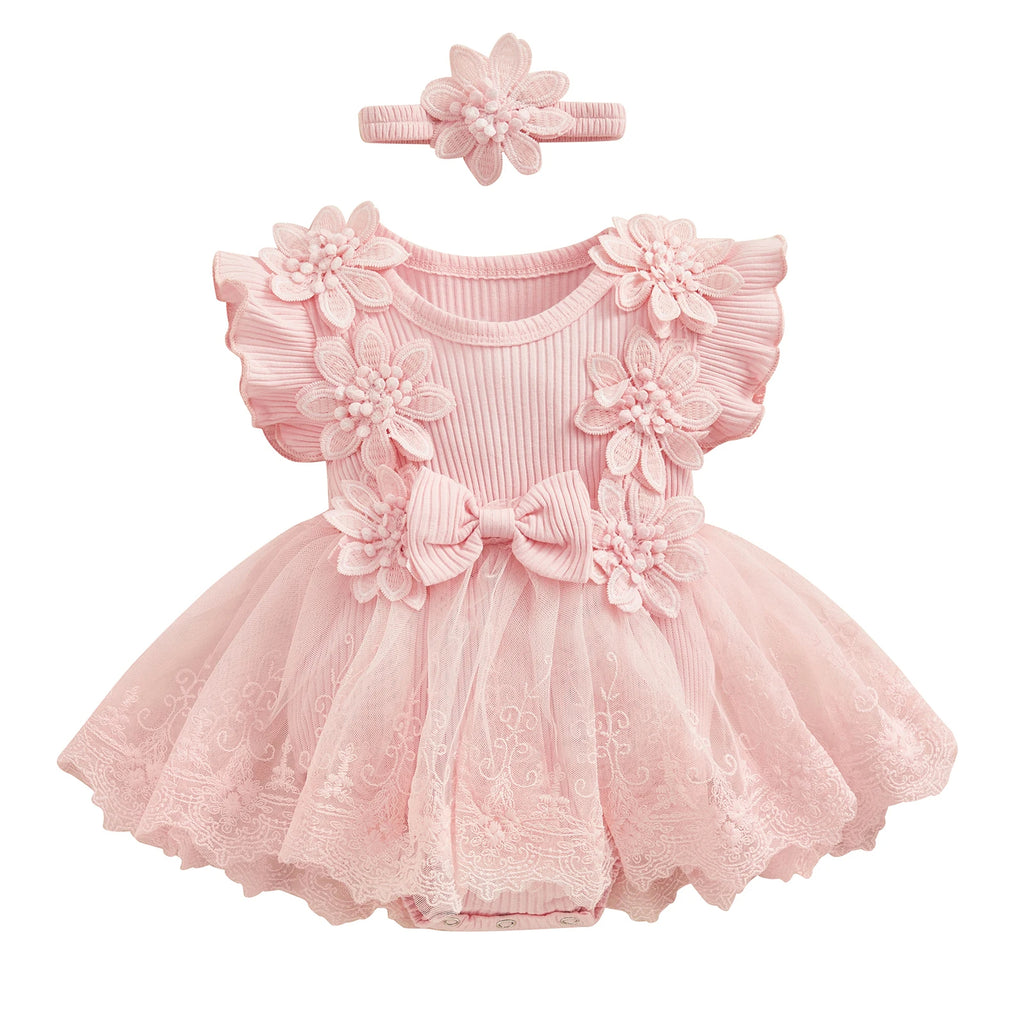 Vestido-Macaquinho de Festa Bordados Florais c/ Tiara princesa bebê | 0-18M ROSA