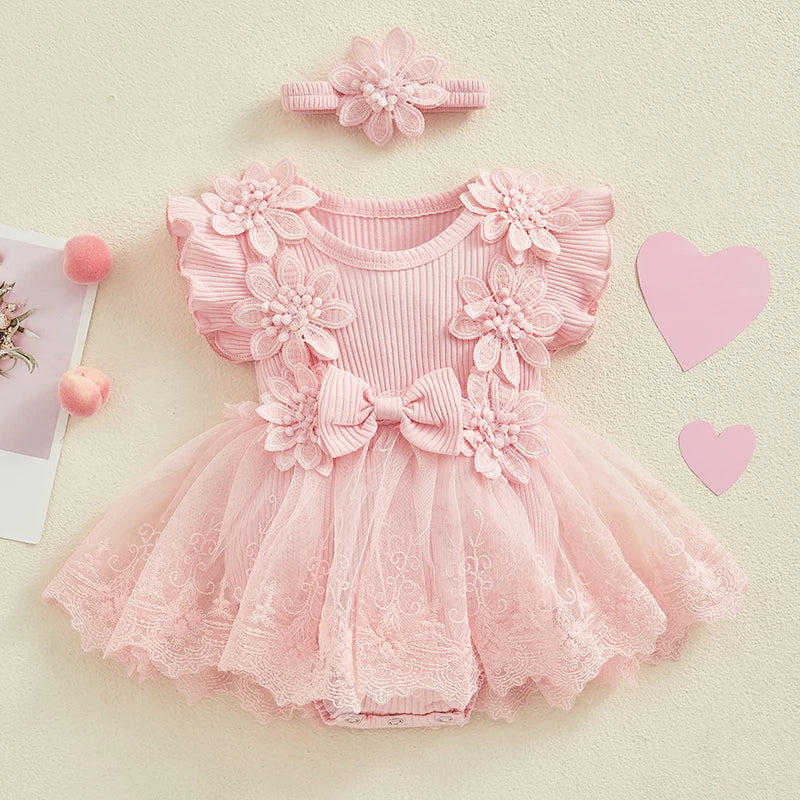 Vestido-Macaquinho de Festa Bordados Florais c/ Tiara princesa bebê | 0-18M ROSA