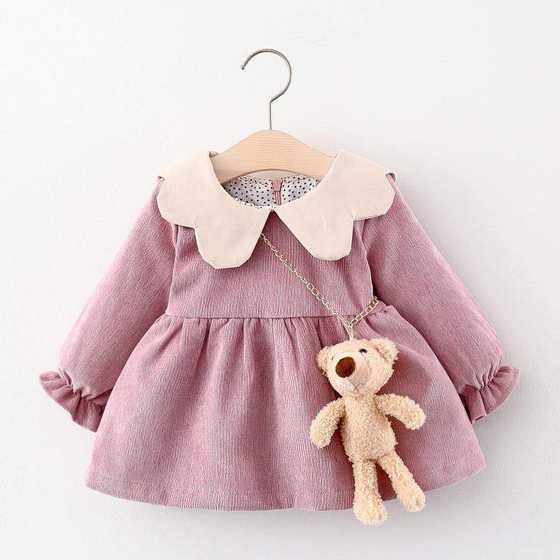 Vestido de Veludo Bebê de Manga Longa Inverno |1-24 Meses-Internacional-bichinhos,inverno,laço,menina,roupa bebe,roupa menina,veludo,vestido,vestido de manga,vestido menina,vestido quentinho