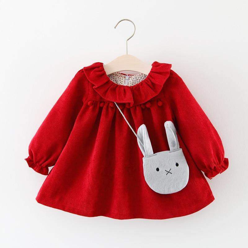 Vestido de Veludo Bebê de Manga Longa Inverno |1-24 Meses-Internacional-bichinhos,inverno,laço,menina,roupa bebe,roupa menina,veludo,vestido,vestido de manga,vestido menina,vestido quentinho