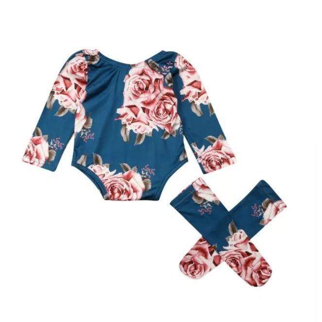 Body Floral Azul + Meia | 0-24 Meses-Internacional-conjunto floral,conjunto menina