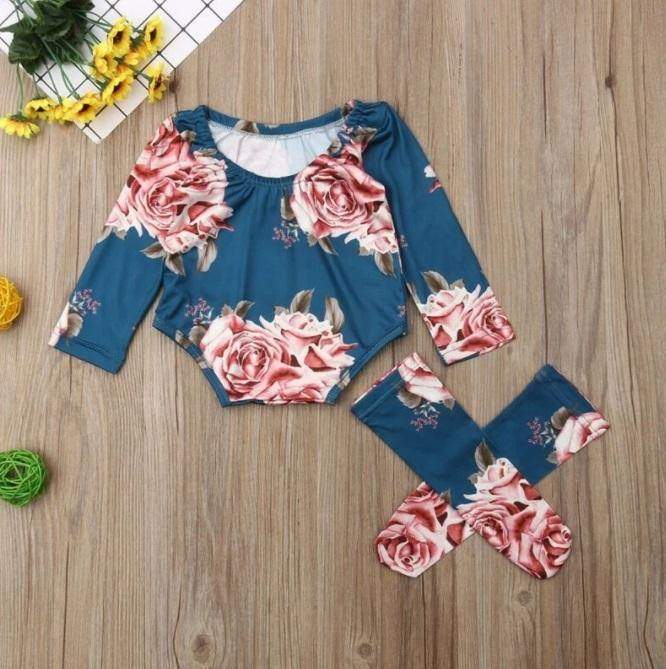 Body Floral Azul + Meia | 0-24 Meses-Internacional-conjunto floral,conjunto menina