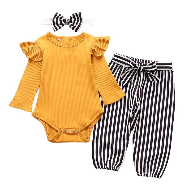 Conjunto Body amarelo Babados + Calça listrada  Laço Bebê Menina