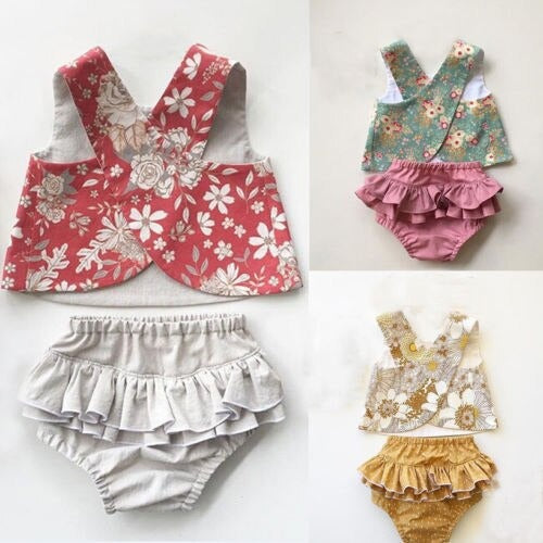 conjunto de verão bebê menina tapa fralda c/babados + cropped floral 3 6 9 12 18 meses floral estampado babado fofo festa passeio evento laço lacinho verão fresco fresquinho leve roupa criança infantil vermelho verde amarelo