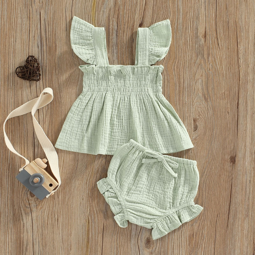 conjunto vestido + tapa fralda bebê menina algodão/linho 6 9 12 18 24 meses 3 anos babado amarração fofo passeio laço lacinho verão fresco fresquinho leve roupa criança infantil verde