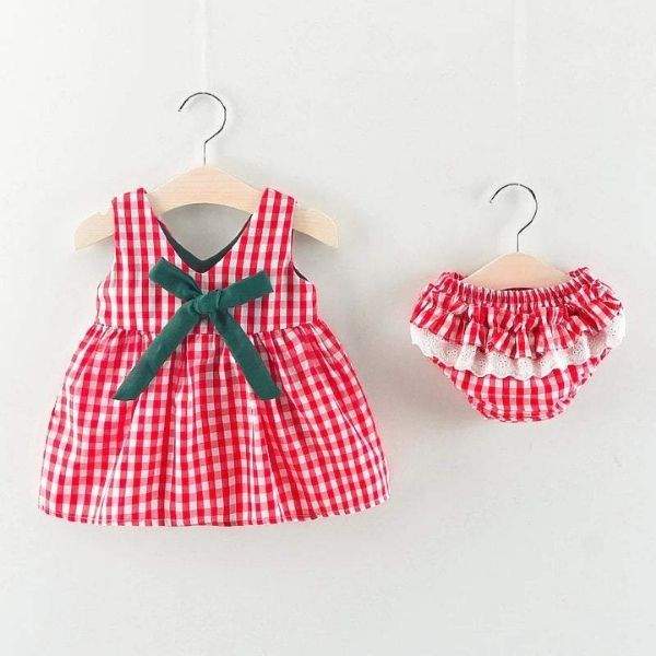 Conjunto Vestido com Tapa Fralda Xadrez e Listrado Bebê Menina Verão | 6-24 Meses-azul,conjunto,listrado,menina,rosa,vermelho,xadrez