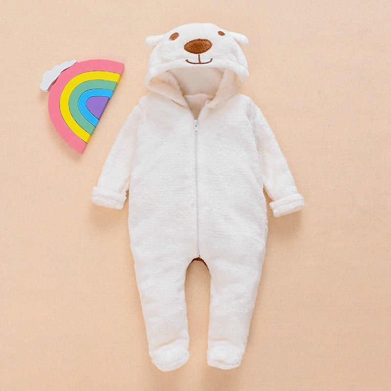 Macacão de Bebê de Plush Ursinho branco Orelhinhas Zíper c/ Pé inverno engraçado