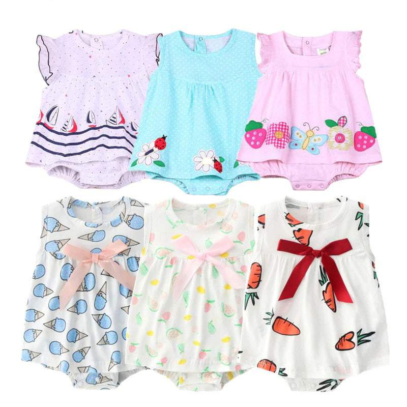 Macaquinhos-Vestidos Estampados Regata Bebê Menina | 6-18 Meses-amarelo,azul,bebê menina,borboleta,coração,florzinha,macaquinho menina,menina,moranguinhos,rosa,vermelho