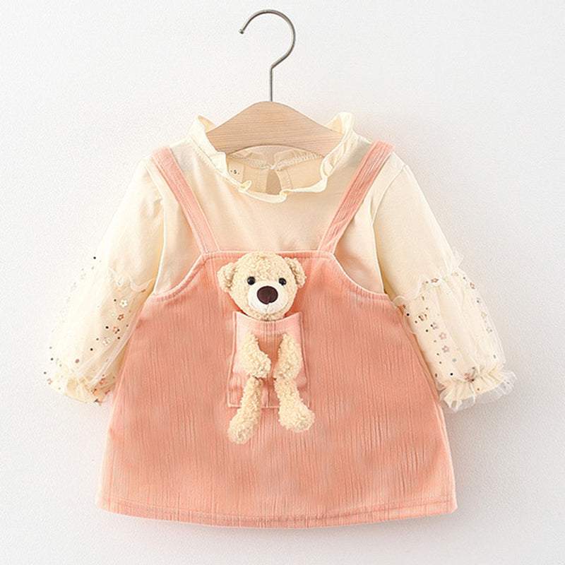 Conjunto Blusa de Manga +Vestido Veludo Ursinho Bebê Menina | 0-24 Meses-conjunto,conjunto menina,estampado,liso,menina,veludo,vestido