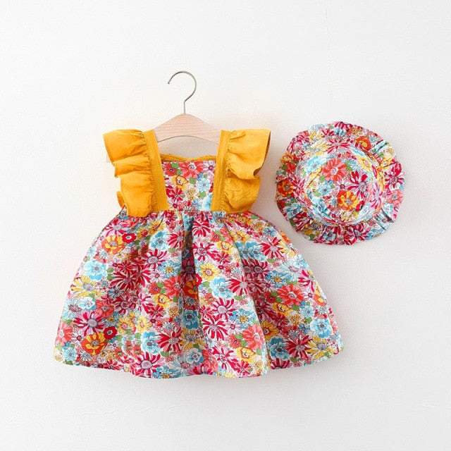 Vestido Estampado Verão c/ Alça Bebê Menina + Chapéu | 6M - 4 Anos-azul,branco,chapéu,coração,estampado,flores,laranjado,laço,melancia,menina,morangos,rosa,roupa bebe,roupa menina,verde,vestido verão