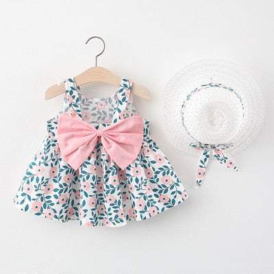 Vestido Estampado Verão c/ Alça Bebê Menina + Chapéu | 6M - 4 Anos-azul,branco,chapéu,coração,estampado,flores,laranjado,laço,melancia,menina,morangos,rosa,roupa bebe,roupa menina,verde,vestido verão