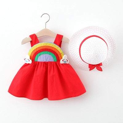 Vestido Estampado Verão c/ Alça Bebê Menina + Chapéu | 6M - 4 Anos-azul,branco,chapéu,coração,estampado,flores,laranjado,laço,melancia,menina,morangos,rosa,roupa bebe,roupa menina,verde,vestido verão