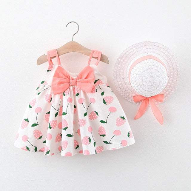 Vestido Estampado Verão c/ Alça Bebê Menina + Chapéu | 6M - 4 Anos-azul,branco,chapéu,coração,estampado,flores,laranjado,laço,melancia,menina,morangos,rosa,roupa bebe,roupa menina,verde,vestido verão