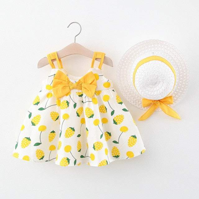 Vestido Estampado Verão c/ Alça Bebê Menina + Chapéu | 6M - 4 Anos-azul,branco,chapéu,coração,estampado,flores,laranjado,laço,melancia,menina,morangos,rosa,roupa bebe,roupa menina,verde,vestido verão