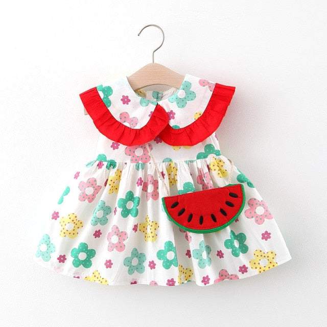 Vestido Estampado Verão c/ Alça Bebê Menina + Chapéu | 6M - 4 Anos-azul,branco,chapéu,coração,estampado,flores,laranjado,laço,melancia,menina,morangos,rosa,roupa bebe,roupa menina,verde,vestido verão