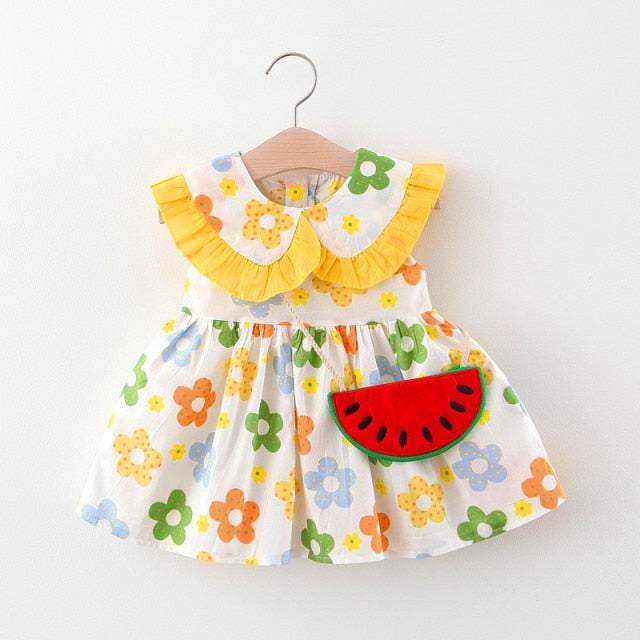 Vestido Estampado Verão c/ Alça Bebê Menina + Chapéu | 6M - 4 Anos-azul,branco,chapéu,coração,estampado,flores,laranjado,laço,melancia,menina,morangos,rosa,roupa bebe,roupa menina,verde,vestido verão