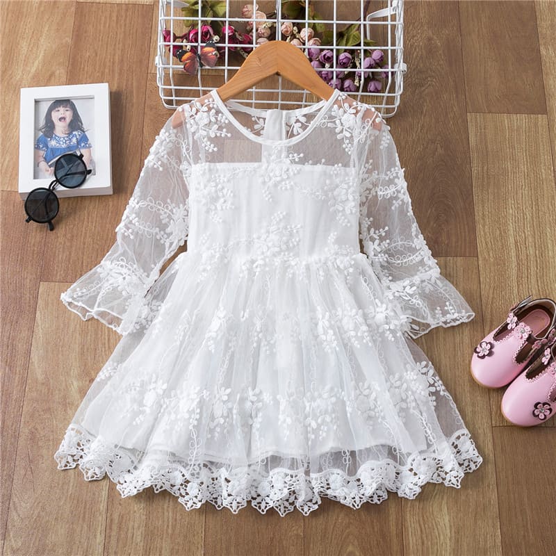 vestido de renda manga transparente menina batizado 2 3 4 5 6 7 8 anos floral babado transparente fofo chique verão festa ano novo natal bordado branco