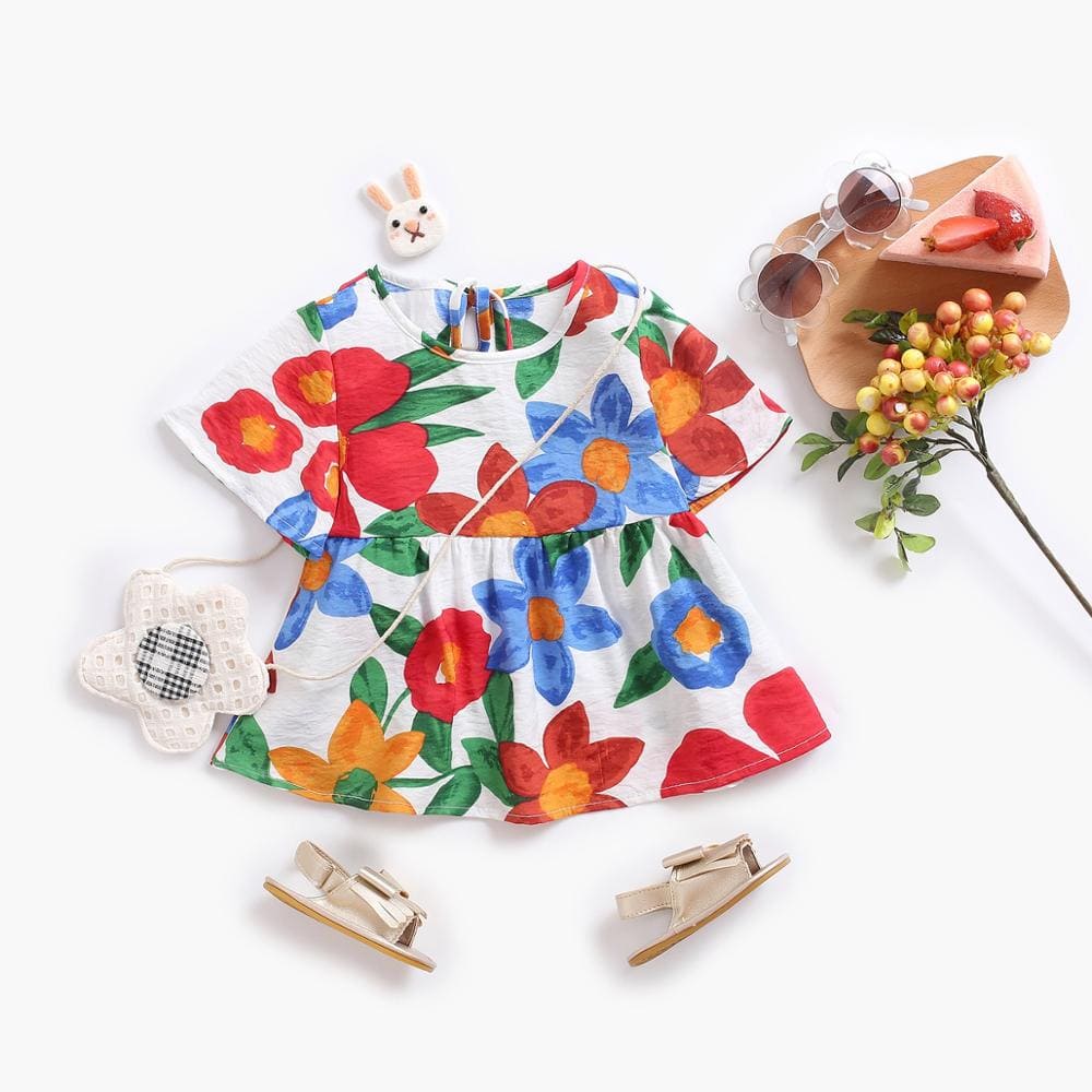 vestidos florais de verão manga curta bebê menina 6 9 12 18 24 meses 2 3 4 Anos floral estampado amarração fofo passeio fresco fresquinho leve roupa criança infantil branco