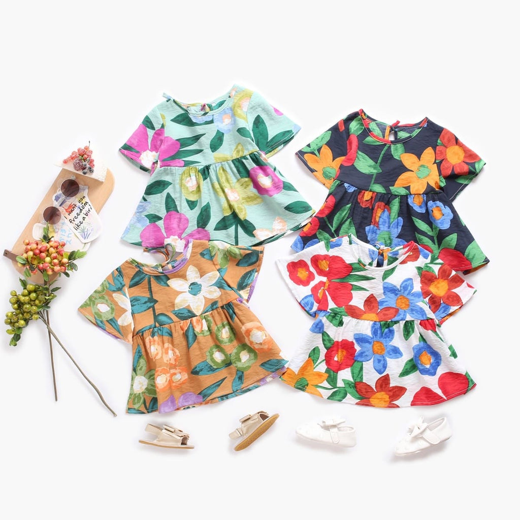 vestidos florais de verão manga curta bebê menina 6 9 12 18 24 meses 2 3 4 Anos floral estampado amarração fofo passeio fresco fresquinho leve roupa criança infantil verde preto laranja branco