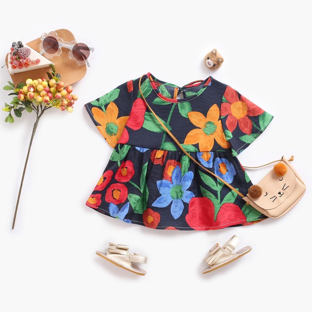 vestidos florais de verão manga curta bebê menina 6 9 12 18 24 meses 2 3 4 Anos floral estampado amarração fofo passeio fresco fresquinho leve roupa criança infantil preto