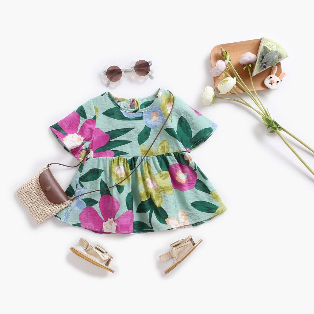 vestidos florais de verão manga curta bebê menina 6 9 12 18 24 meses 2 3 4 Anos floral estampado amarração fofo passeio fresco fresquinho leve roupa criança infantil verde